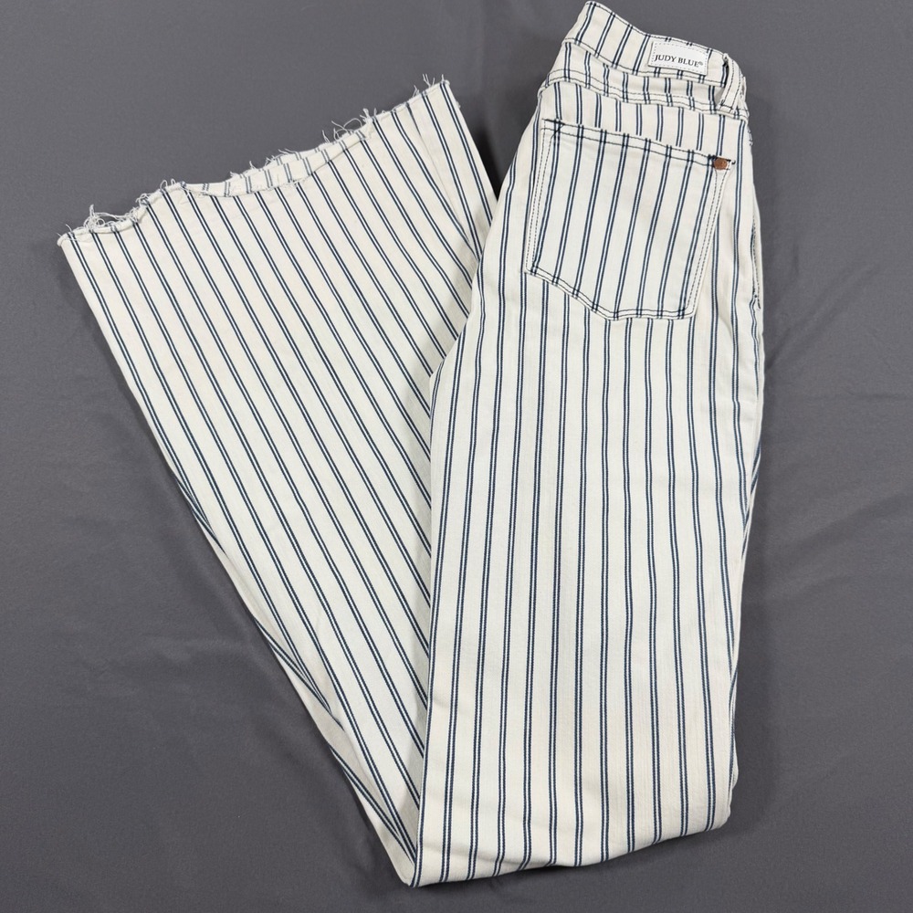 Judy Blue Super Flare Striped Jeans White Navy Blue Raw Hem JB88231 Size 1/25